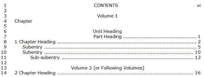 Skeleton layout for table of contents with Volume 2 indicated