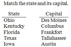 Directions followed by columns for matching; each column has a heading