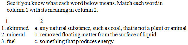 Directions & columns for matching; 1st first column heading = number 1, and items are numbered; 2nd column heading = number 2, and items are lettered