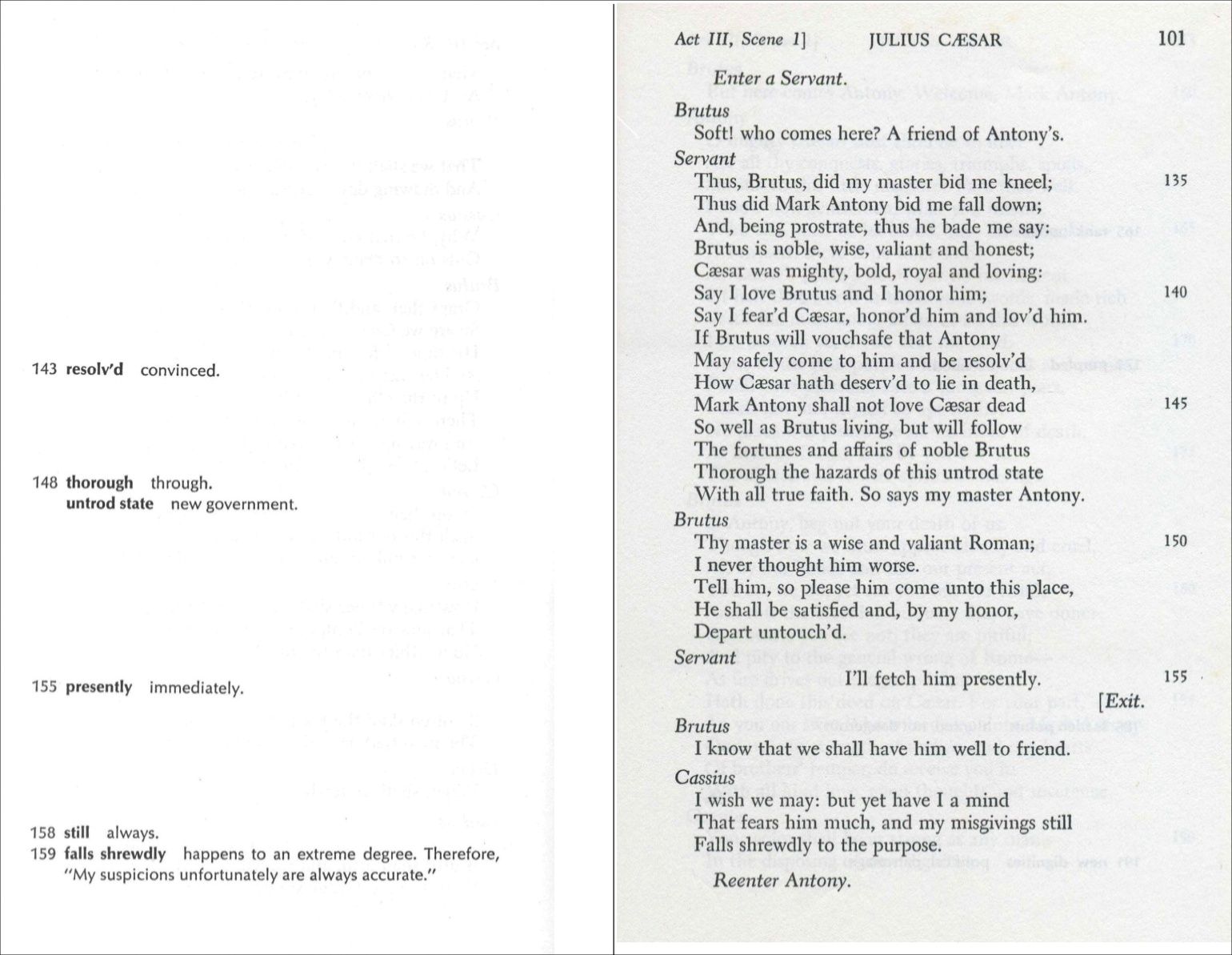 Notes are on page 100 and aligned with line-numbered text (Julius Caesar) on page 101