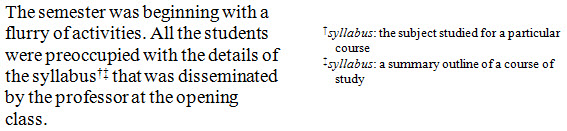 Dagger and double dagger appear after same word; notes with indicator at right margin, with referenced word indicated in italics and followed by colon