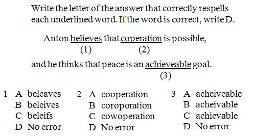 Exercise with numbered and underlined misspelled words in sentences