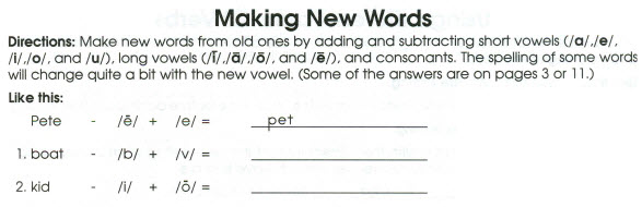 Mathematical symbols, - (minus), +, and = used to form new words; vowels to subtract and add are enclosed in left and right slashes