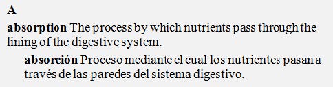 Glossary with blocked English entry and corresponding Spanish entry indented and blocked below it