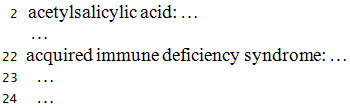 Sample of "acetylsalicylic acid" on line 2 and "acquired immune deficiency syndrome" on line 22; only line 25 guide words are shown in braille