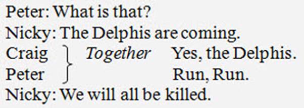 Two character names are grouped together by an enlarged right brace after their names; "Together" appears after the first character name