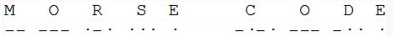 Morse code dots and dashes spelling MORSE CODE; example includes letters above each Morse code letter for readability