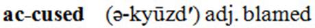 accused: bold with hyphen between syllables; followed by pronunciation enclosed in parentheses, part of speech, and definition